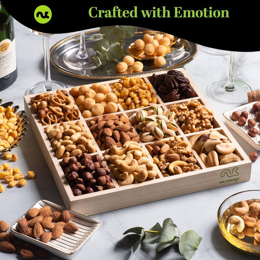 Nut Cravings Gourmet Collection - Mothers Day Mixed Nuts Gift Basket in Reusable Wooden Tray + Heart Ribbon (12 Assortments) Arrangement Platter, Healthy Kosher USA Made