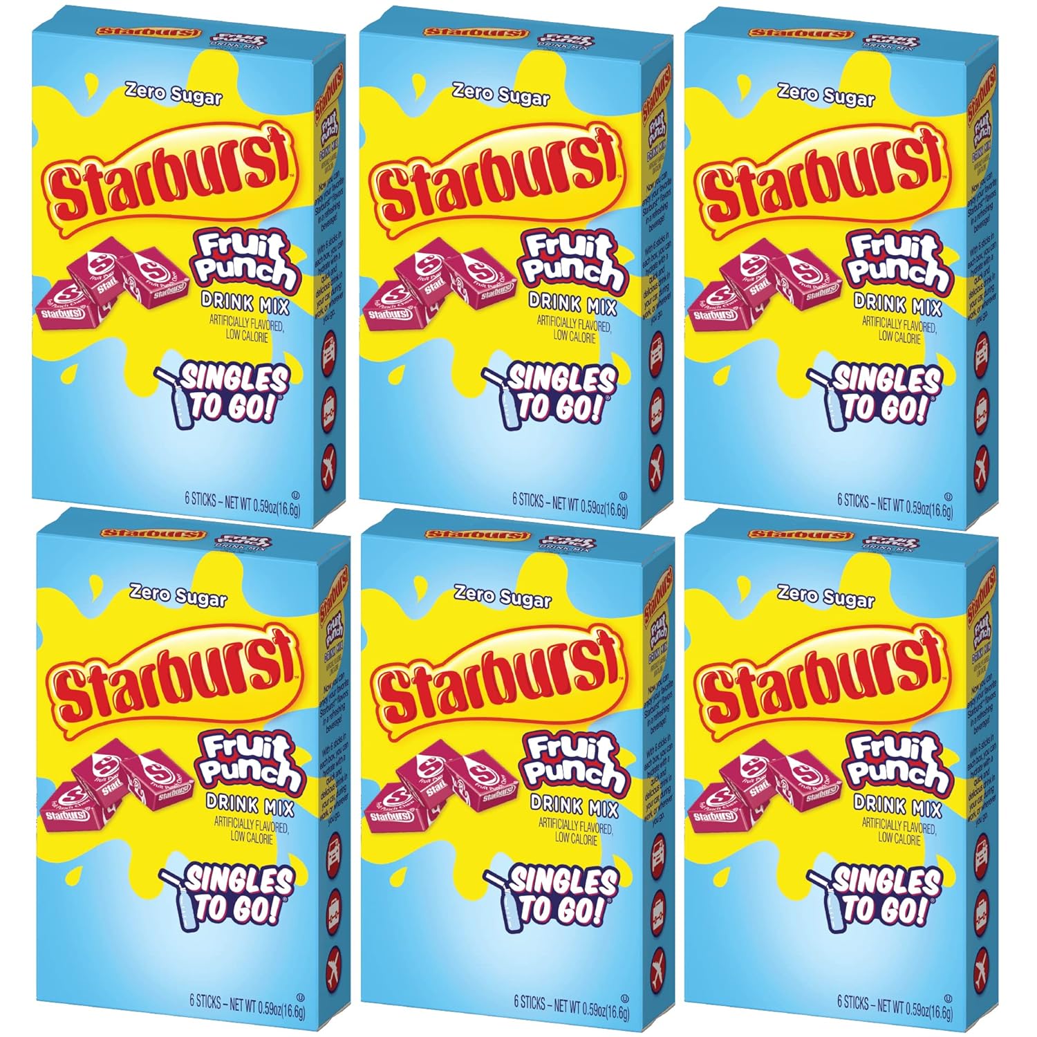 Starburst Singles To Go Powdered Drink Mix, Fruit Punch, 6 Boxes With 6 Packets Each - 36 Total Servings, Sugar-Free Drink Powder, Just Add Water, 6 Count (Pack Of 6)