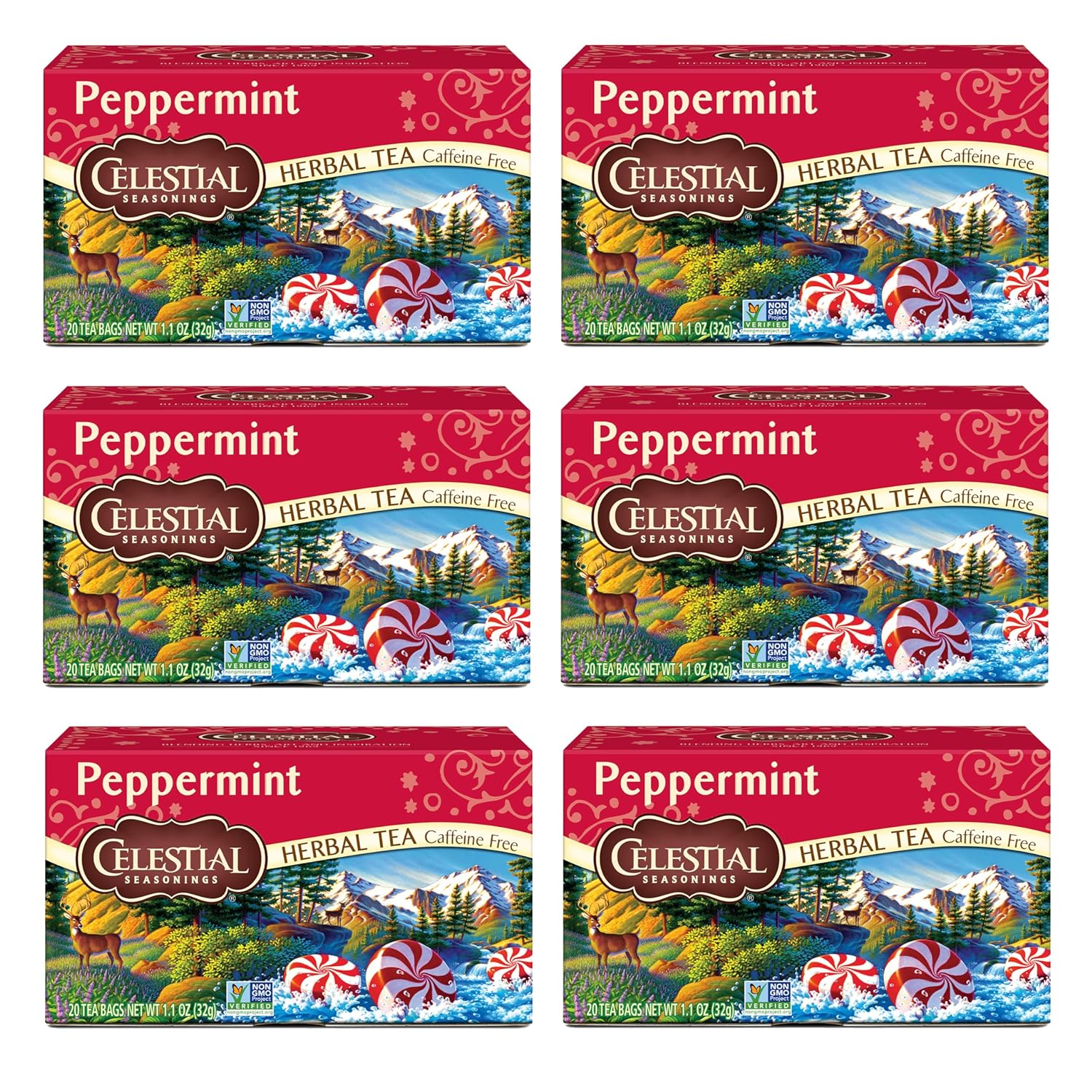 Celestial Seasonings Peppermint Herbal Tea, Caffeine Free, 20 Tea Bags Box, (Pack Of 6)