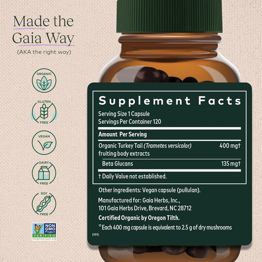 Gaia Herbs Turkey Tail Mushroom - Immune Support Supplement To Help Maintain Liver Health - With Organic Turkey Tail Mushroom Fruiting Body Extract - 120 Vegan Capsules