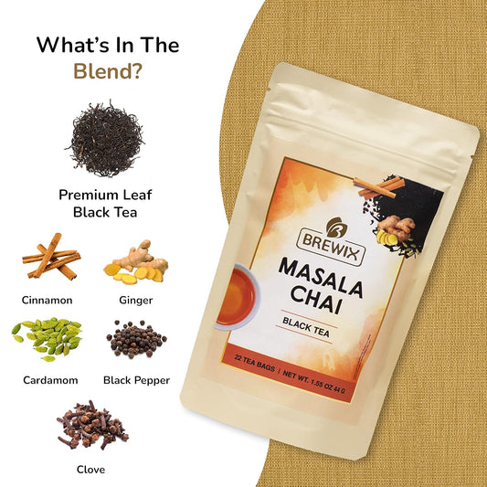 Brewix, Masala Chai Tea Bags (22 Pyramid Tea Bags) Strong, Robust & Spicy - Pure Ingredients | Black Tea, Cinnamon, Ginger, Black Pepper, Cardamom & Cloves, Packed In Resealable Ziplock Pouch