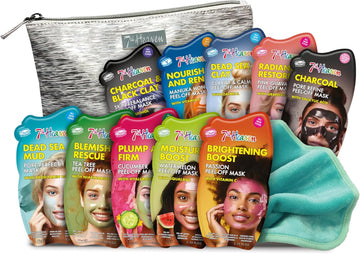 7Th Heaven Pamper & Party Face Mask Gift Set – Pack Of 10 Cream & Peel-Off Masks Plus Makeup Bag – With Vitamin E, Hyaluronic Acid, Niacinamide & Vitamin C – Suitable For All Skin Types