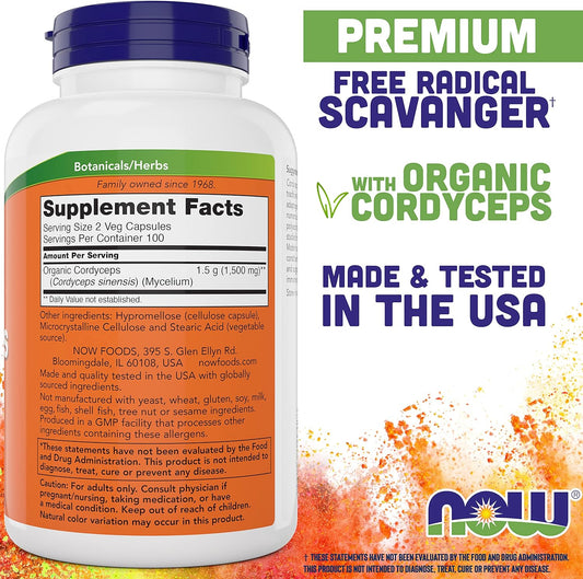 NOW Foods Cordyceps 750mg 200 Veg Caps - Organic Cordycep Sinensis Mycelium Mushroom Powder - in Non-Organic Capsules - Vegan, Non-GMO
