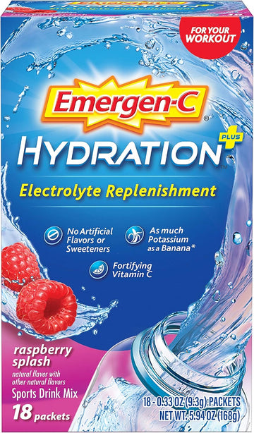 Emergen-C Hydration+ Sports Drink Mix With Vitamin C (18 Count, Raspberry Flavor), Electrolyte Replenishment, 0.33 Ounce Powder Packets