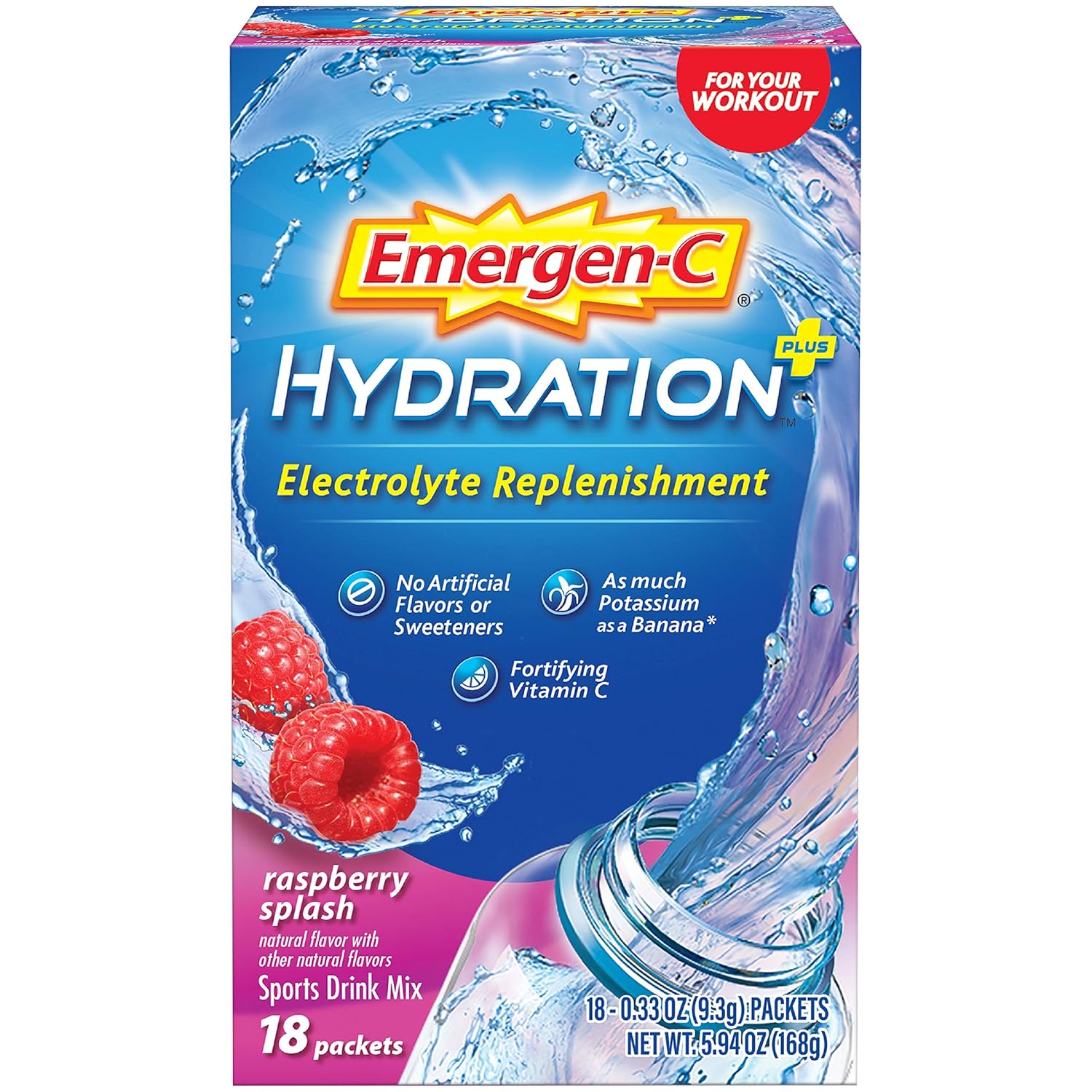 Emergen-C Hydration Plus Sports Electrolyte Replacement Sports Drink Mix Powder with Vitamin C, Raspberry Splash Flavor - 18 - 0.33 oz On The Go Packets