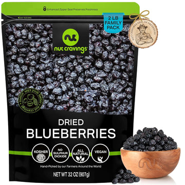 Nut Cravings Dry Fruits - Sun Dried Blueberries, Lightly Sweetened (32oz - 2 LB) Packed Fresh in Resealable Bag - Sweet Snack, Healthy Food, All Natural, Vegan, Kosher Certified