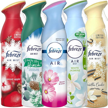 Febreze Air Freshener Spray Variety Set, 5 Count Assorted Scents Home & Bathroom Deodorizer, Blossom and Breeze, White Jasmine, Spiced Apple, Vanilla Cookie, Frosted Pine and Eucalyptus, 10.14 Oz Each : Health & Household