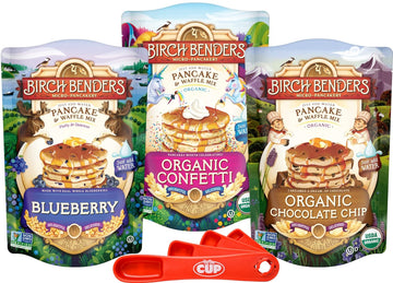 Birch Benders Pancake and Waffle Mix Variety (Pack of 3) Blueberry, Organic Confetti, Organic Chocolate Chip with By The Cup Swivel Spoons