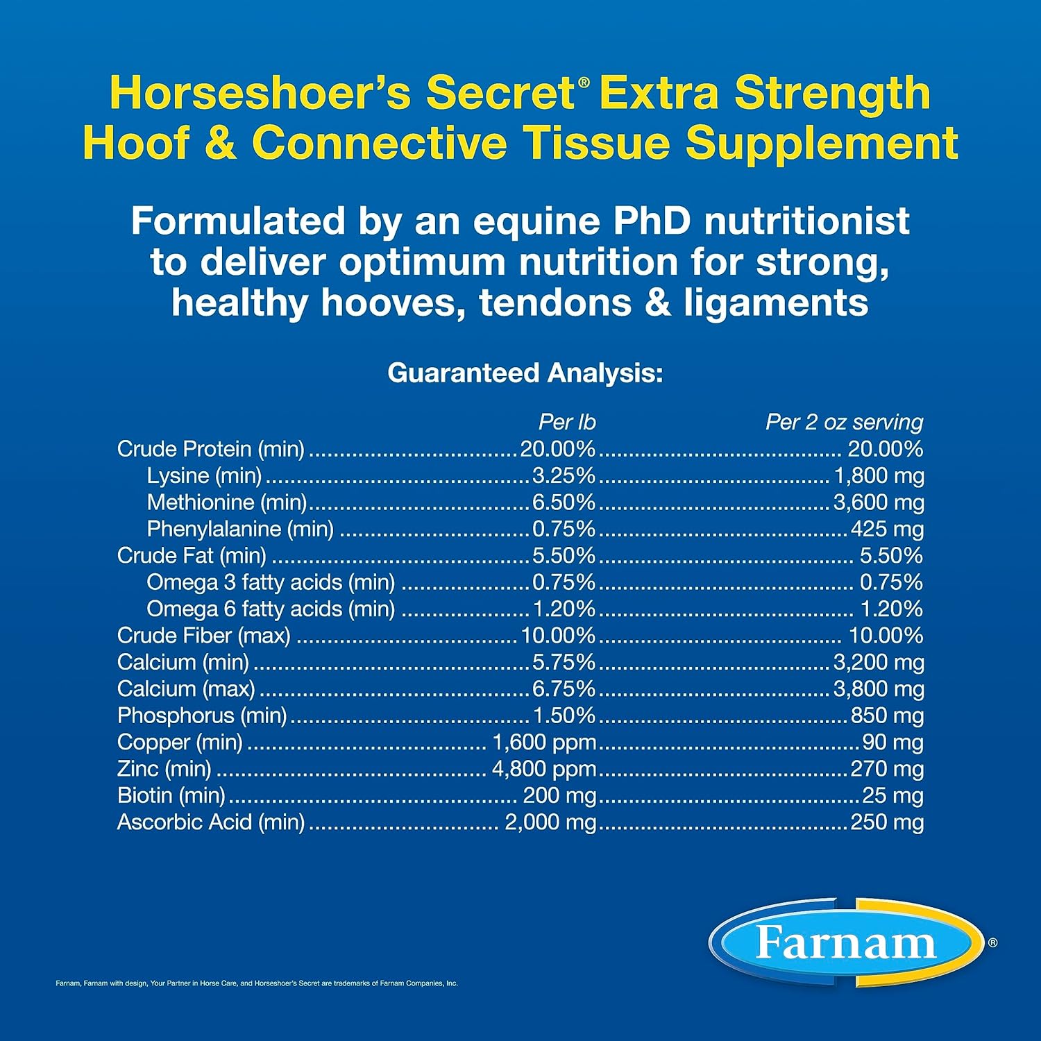 Farnam Horseshoer's Secret Extra Strength Hoof Supplements & Connective Tissue Supplement, Promotes Strong, Healthy Hooves, Tendon & ligaments, 7.5 lbs, 60 Day Supply : Pet Supplies