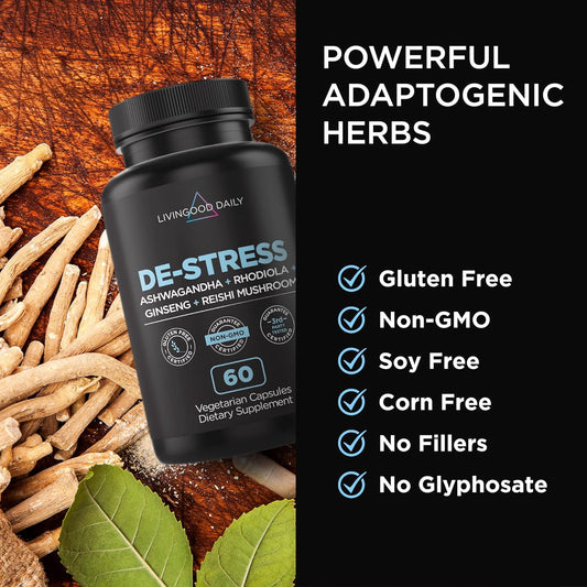 Livingood Daily De-Stress Relief Supplement, 60 Vegetarian Capsules - Reishi Mushroom & Ashwagandha Supplements Support Mood & Brain Function - Non-GMO, Gluten-Free, Allergen-Free, & Vegan