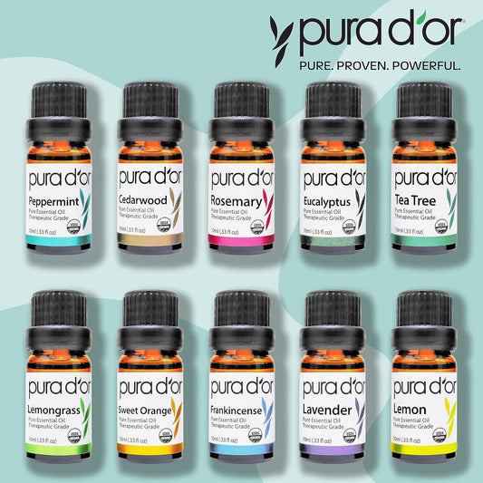 Pura D'Or Organic Perfect10 Essential Oils Set - 10X 10Ml Wood Box Aromatherapy Gift Set - 100% Pure Therapeutic Grade For Relaxation And Wellness (Lavender, Peppermint, Eucalyptus, Tea Tree And More)