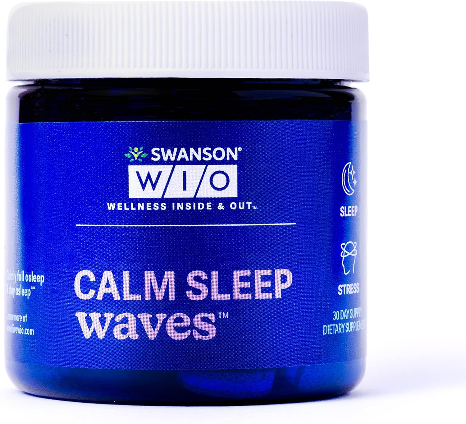 Swanson WIO™ Calm Sleep Waves™ Calmly Fall Asleep, Less Stress, Mental Wellness with Melatonin, Valerian Root, GABA, Gluten Free, Vegan -  Bottle, 30 Tri-Layer Tablets (30-Day Supply)