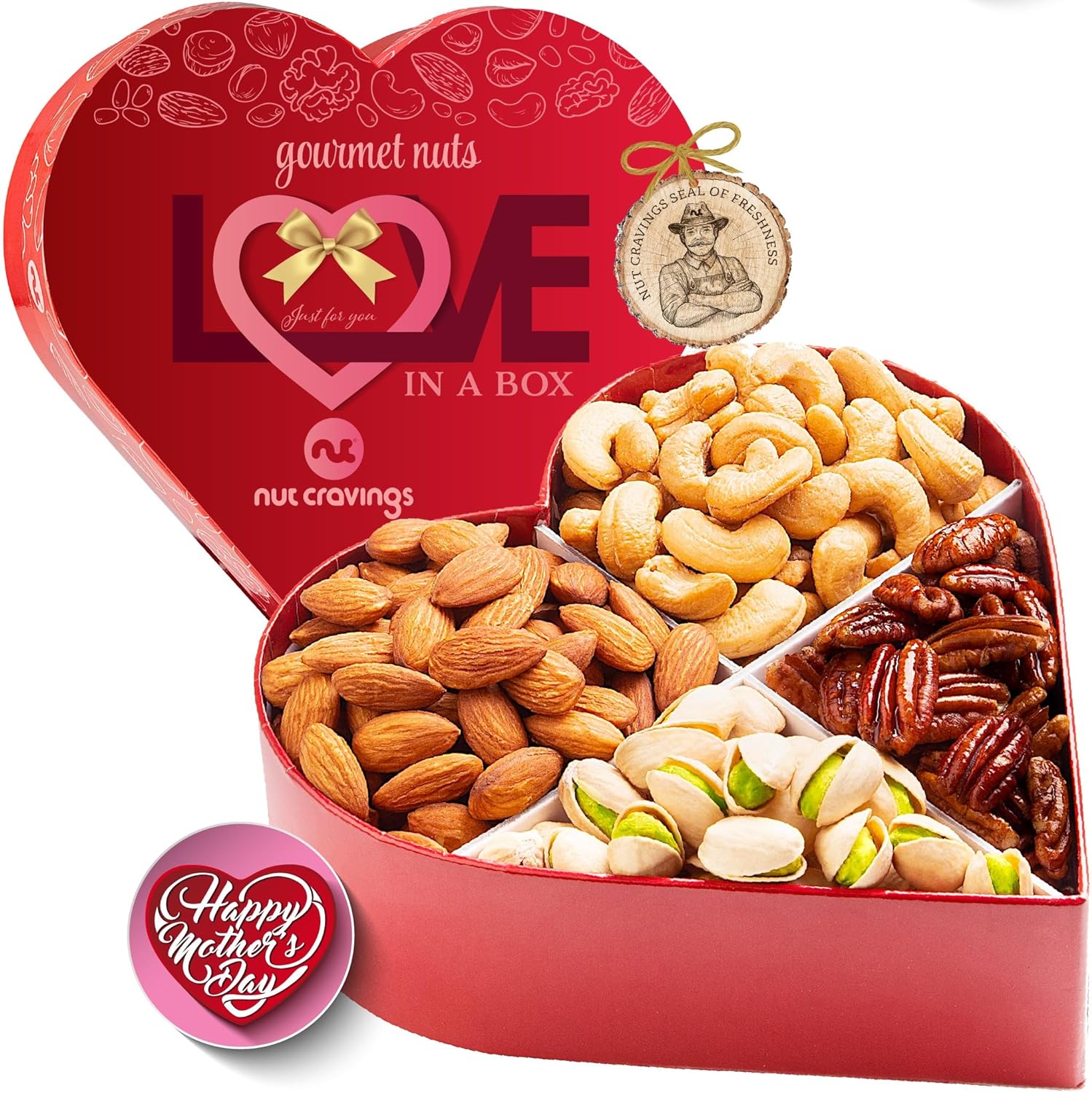 Nut Cravings Gourmet Collection - Mothers Day Mixed Nuts Heart Shaped Gift Basket, Love in A Box (4 Assortments) Romantic Arrangement Platter, Healthy Kosher USA Made