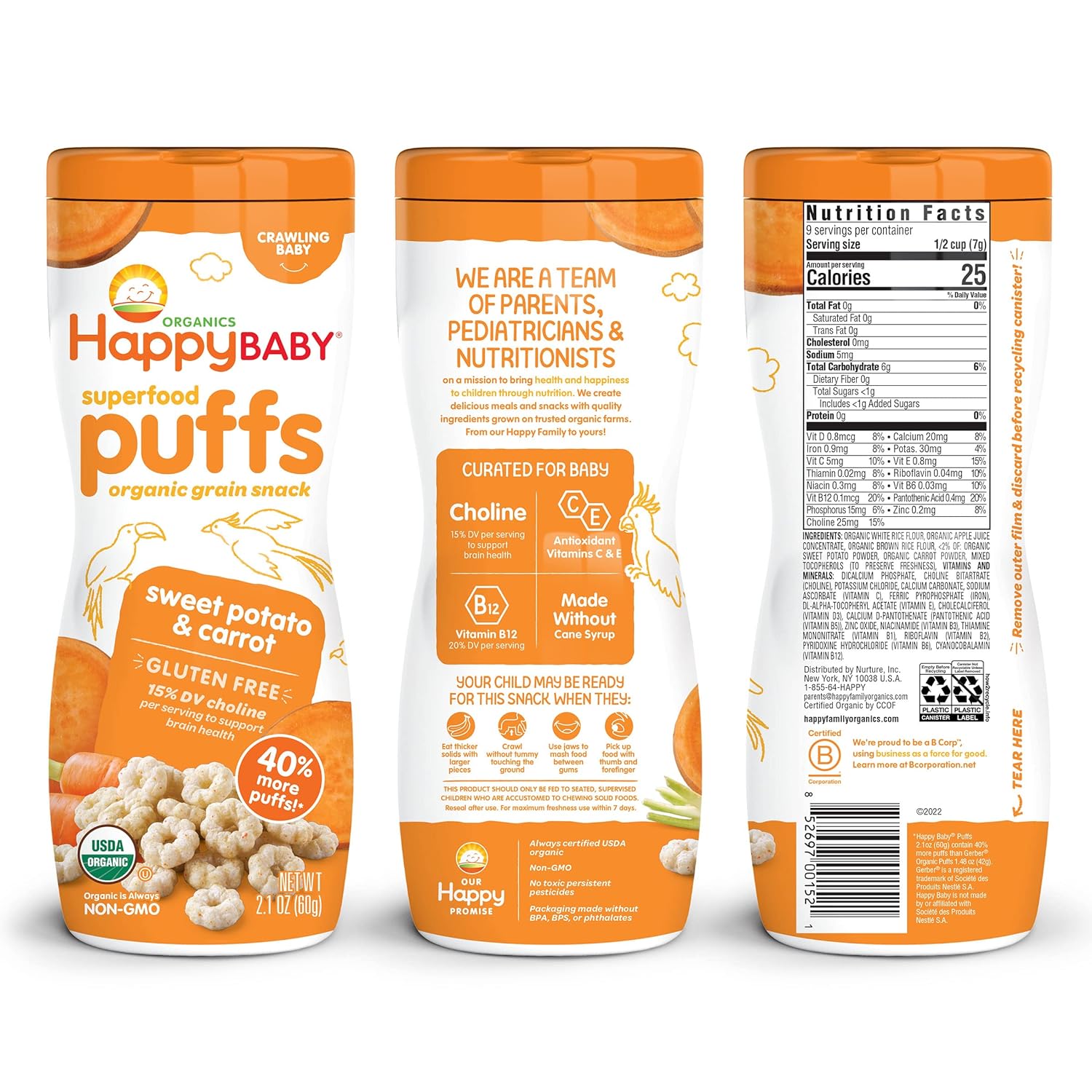 Happy Baby Organic Baby Food Superfood Puffs Sweet Potato & Carrot, 2.1 Ounce Organic Baby or Toddler Snacks, Crunchy Fruit & Veggie Snack, Choline to Support Brain & Eye Health : Baby
