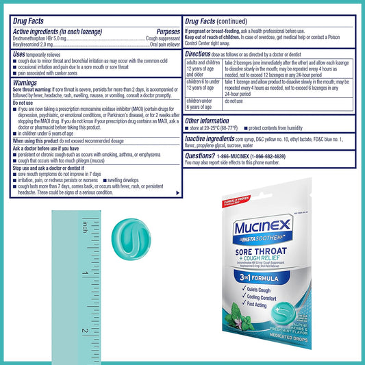 Mucinex InstaSoothe Sore Throat + Cough Relief Alpine Herbs & Mint Flavor, Fast Acting, Cooling Comfort, Powerful Sore Throat Oral Pain Reliever, 40 Medicated Drops