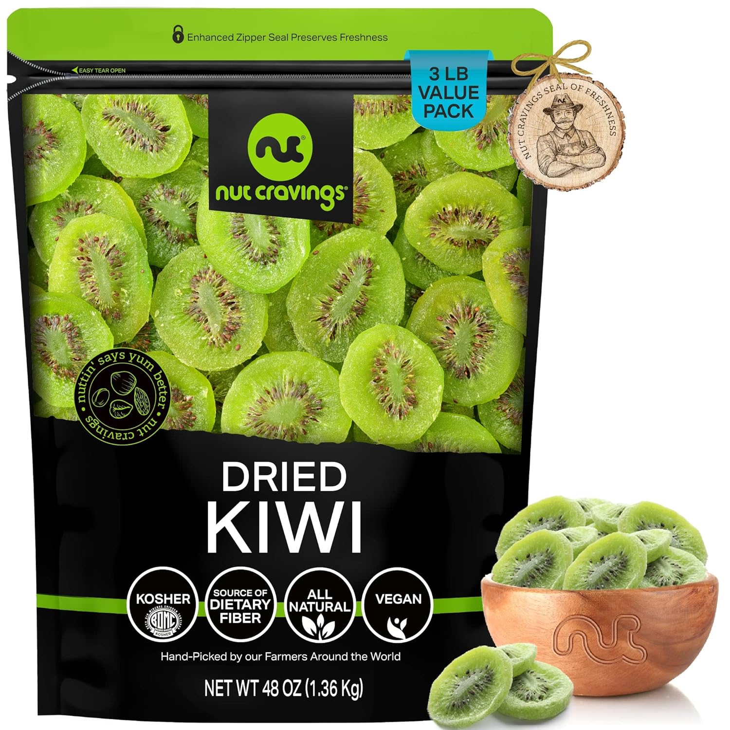 Nut Cravings Dry Fruits - Sun Dried Kiwi Slices, with Sugar Added (48oz - 3 LB, Bulk) Packed Fresh in Resealable Bag - Sweet Snack, Healthy Food, All Natural, Vegan, Kosher Certified