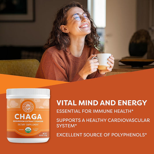 Vimergy Usda Organic Wild Chaga Mushroom Extract Powder, 166 Servings – Ideal In Chaga Tea, Coffee, Smoothies – Cardiovascular Support - Kosher, Vegan, No Gluten, Paleo - Pure Chaga, No Fillers (250G)