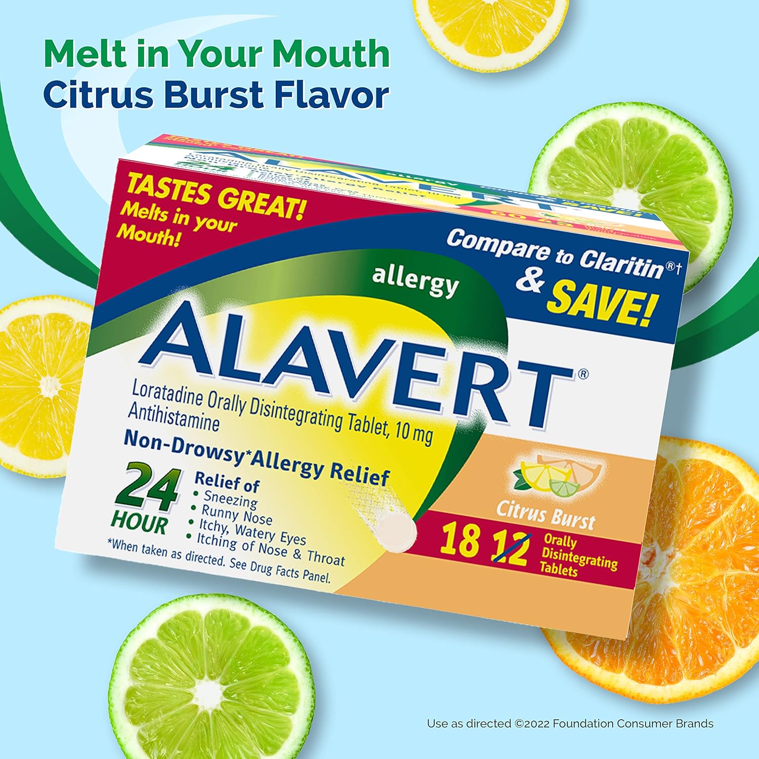 Alavert Allergy 24 Hour Relief, Citrus Burst Flavor, Orally Disintegrating Allergy Tablets, Non-Drowsy Antihistamine, Loratadine 10Mg, 18 Count