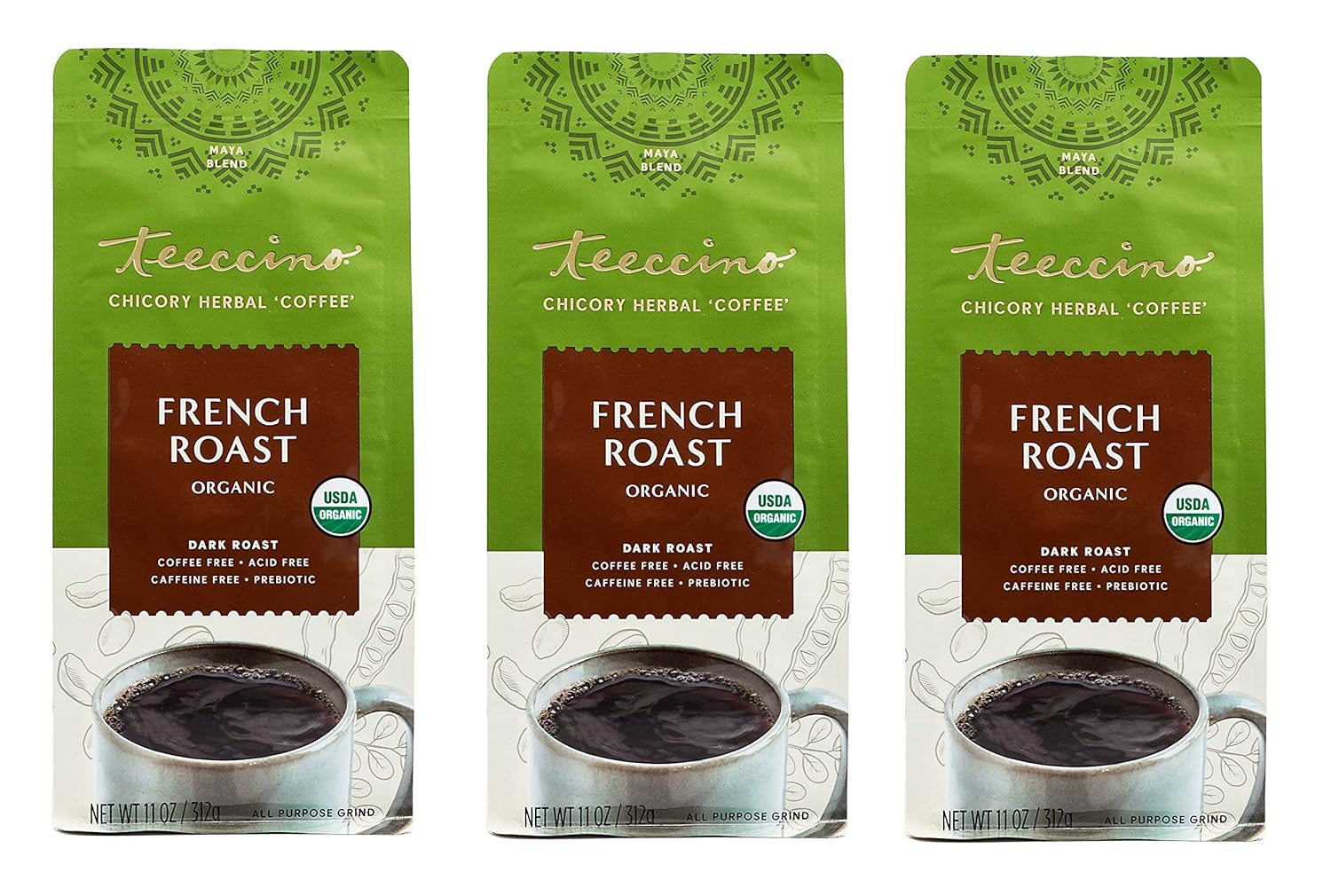 Teeccino Organic Caffeine Free Herbal Coffee, Maya French Roast, 11-Ounce Bags (Pack Of 3)