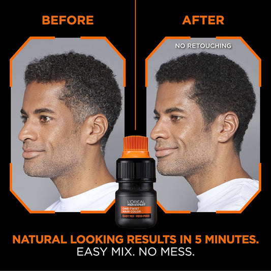 L’Oreal Paris Men Expert One Twist Mess Free Permanent Hair Color, Mens Hair Dye To Cover Grays, Easy Mix Ammonia Free Application, Real Black 02, 1 Application Kit