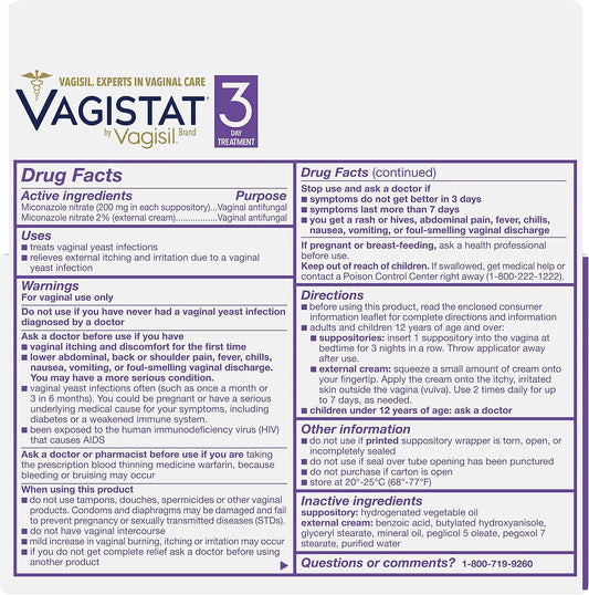 Vagistat 3 Day Yeast Infection Treatment For Women, Relieves External Itching And Irritation - 2% External Miconazole Nitrate Cream, 3 Disposable Suppositories & Applicators, By Vagisil (Pack Of 1)