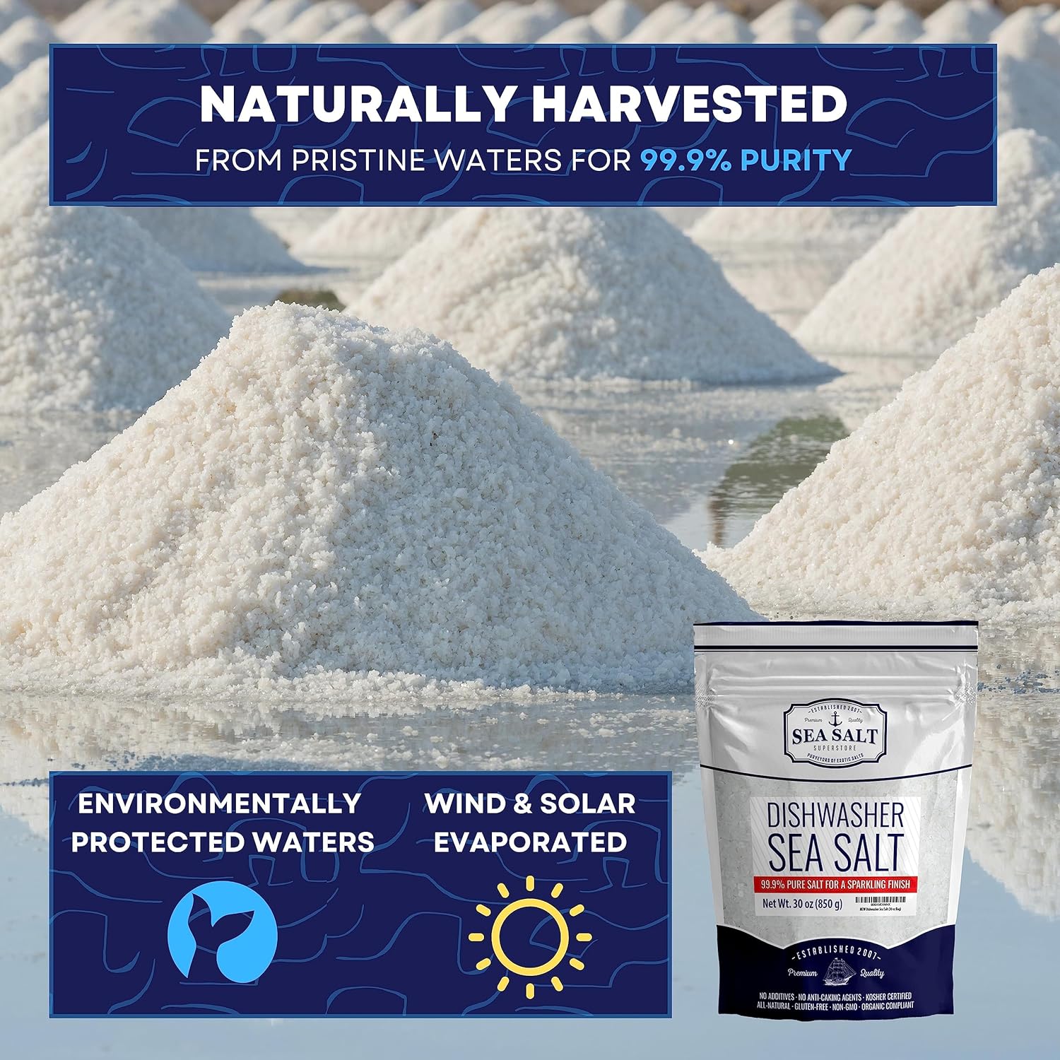 Dishwasher Salt - All-Natural Water Softener Salt for a Clean Finish - Compatible with Bosch, Miele, Thermador, Whirlpool Dishwashers and More - Food-Grade Coarse Sea Salt (30 oz Bag) - Sea Salt : Health & Household