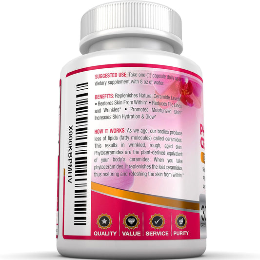 Bri Nutrition Phytoceramides - Natural Anti-Aging Skin & Hair Vitamins For Collagen Boost & Rejuvenation W Vitamins A + C + D + E - 350Mg Per Serving (1 Vegetable Cellulose Capsule) - 30 Count