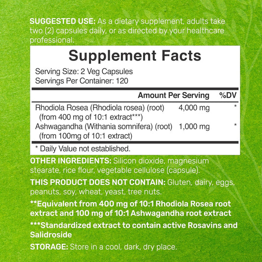 Deal Supplement Rhodiola Rosea With Ashwagandha 5,000Mg Per Serving, 240 Veggie Capsules – Max Strength 10:1 Root Extract – Adaptogenic Supplements For Relaxation, Energy, & Brain Health – Non-Gmo