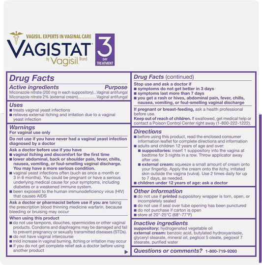 Vagistat 3 Day Yeast Infection Treatment For Women, Relieves External Itching And Irritation - 2% External Miconazole Nitrate Cream, 3 Disposable Suppositories & Applicators, By Vagisil (Pack Of 3)