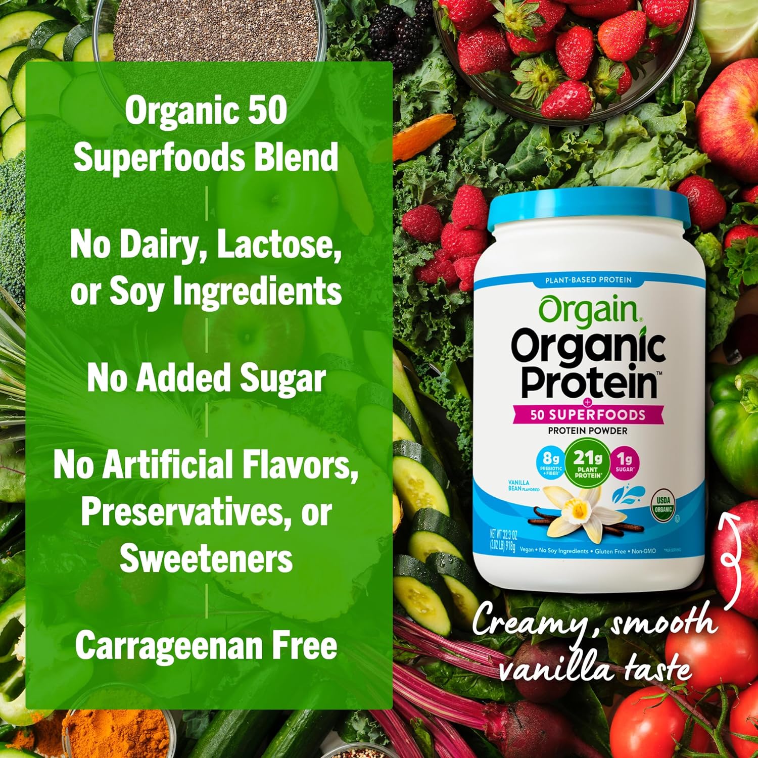 Orgain Organic Protein + Superfoods Powder, Vanilla Bean - 21g of Prot
