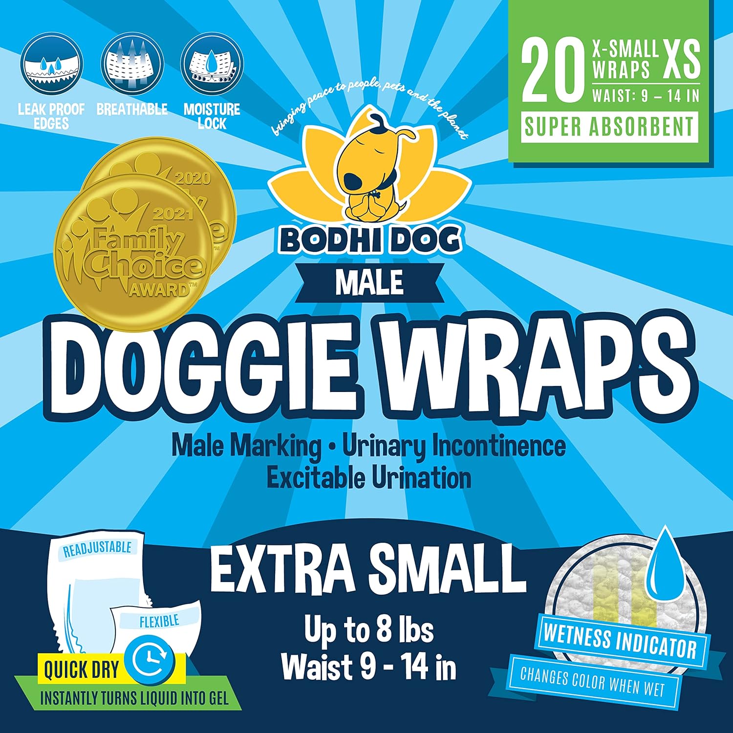 Bodhi Dog Disposable Male Dog Diapers | Super Absorbent Leak-Proof Fit | Premium Adjustable Male Dog Pee Wraps With Moisture Control & Wetness Indicator | 20 Count Extra Small Size