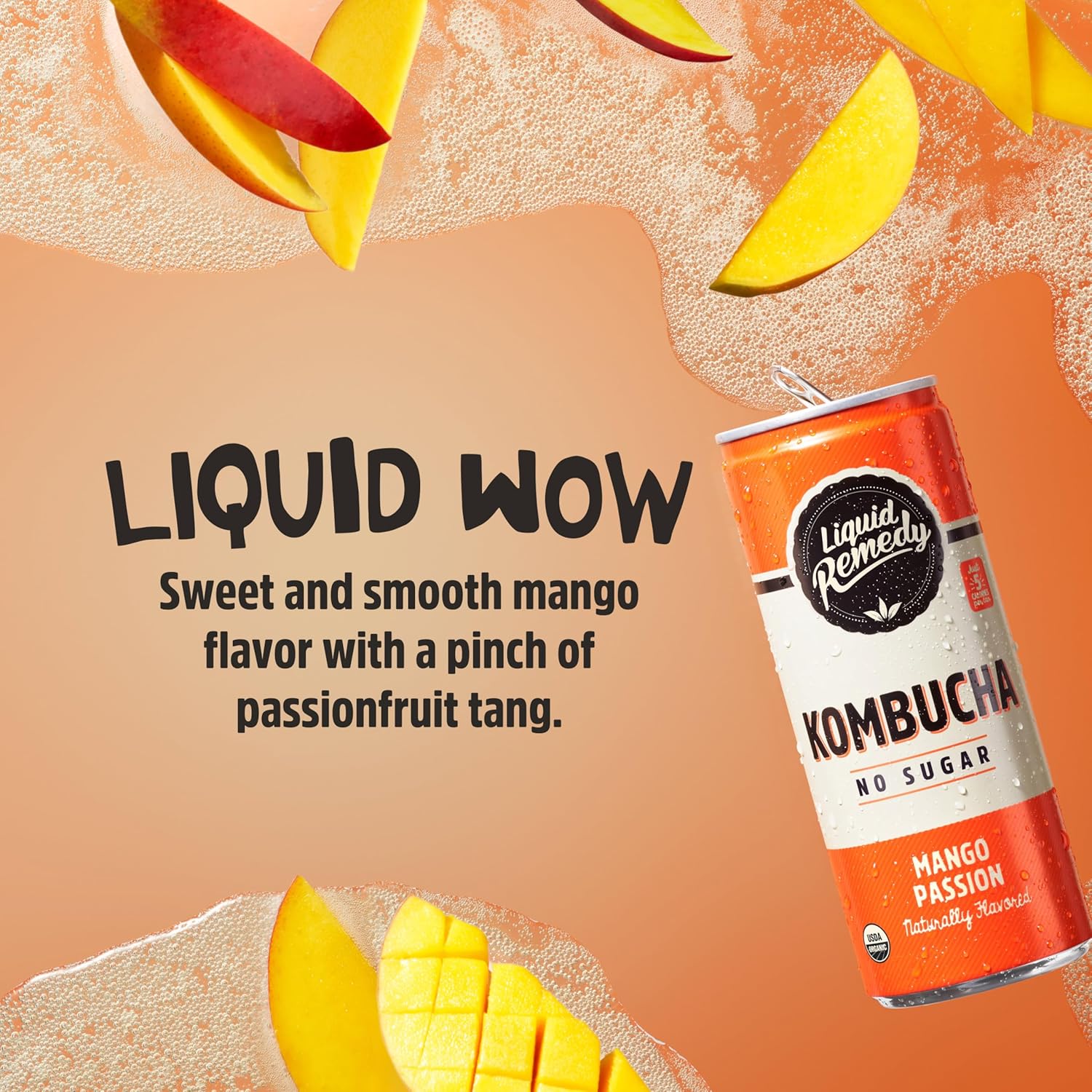 Liquid Remedy Kombucha Sugar Free Organic Drink, Low Calorie, Probiotic Like Tea For Gut Health - Mango Passion - 8.5 Fl Oz Can, 24-Pack