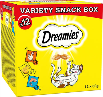 Dreamies Variety Snack Box , 60 g Pouches, Cat Treats Tasty Snacks with Delicious Chicken, Salmon and Cheese Flavours, (12x60g))?384298.0