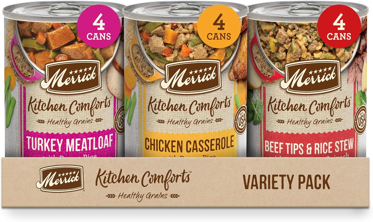 Merrick Kitchen Comforts Wet Dog Food Gravy, Variety Pack Real Meat And Brown Rice Dog Food With Grains - (12 Count) 9.5 Lb. Cans