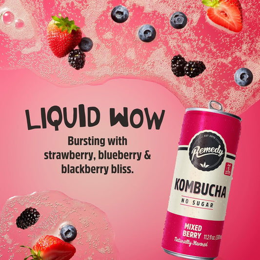 Remedy Kombucha Sugar Free Organic Drink, Low Calorie, Probiotic Like Tea For Gut Health - Mixed Berry - 11.2 Fl Oz Can, 4-Pack