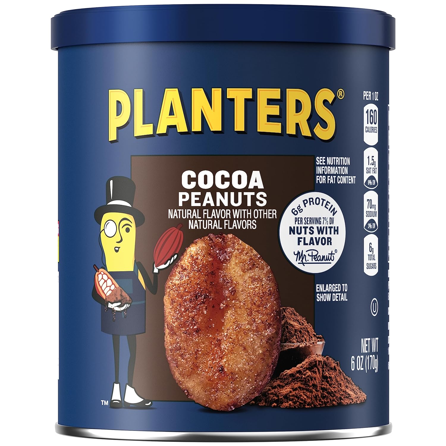 Planters Cocoa Peanuts, Sweet And Salty, Party Snack, Plant-Based Protein, Quick Snack For Adults, After School Snack, Bulk Nuts, Kosher, 6Oz Canister (8 Count)