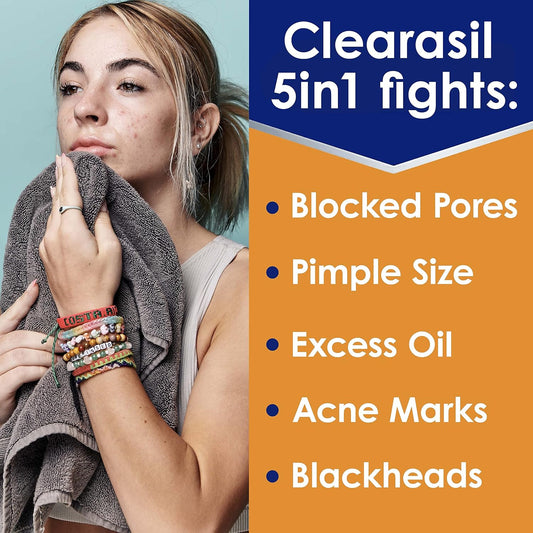 Clearasil Stubborn Acne Control 5In1 Daily Facial Cleansing Pads, With Salicylic Acid Acne Treatment Medicine, 90 Count