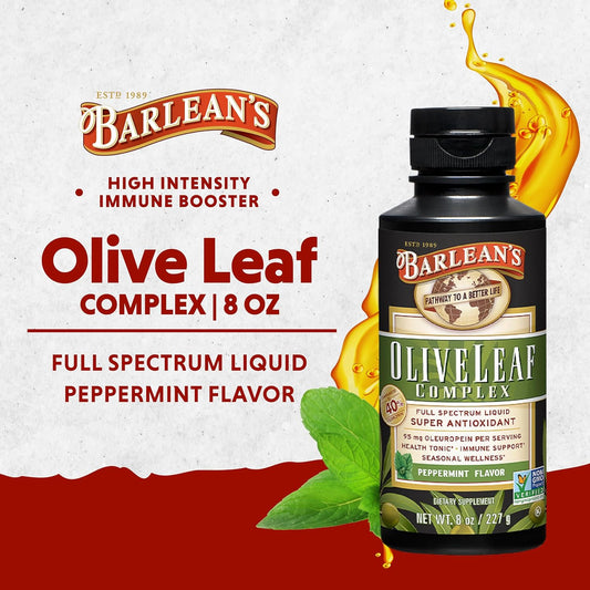 Barlean's Peppermint Olive Leaf Complex Liquid Immune Support Supplement with 95mg Oleuropein Antioxidants for Seasonal Wellness, Heart Health, & Immune System Booster, 8 Ounce