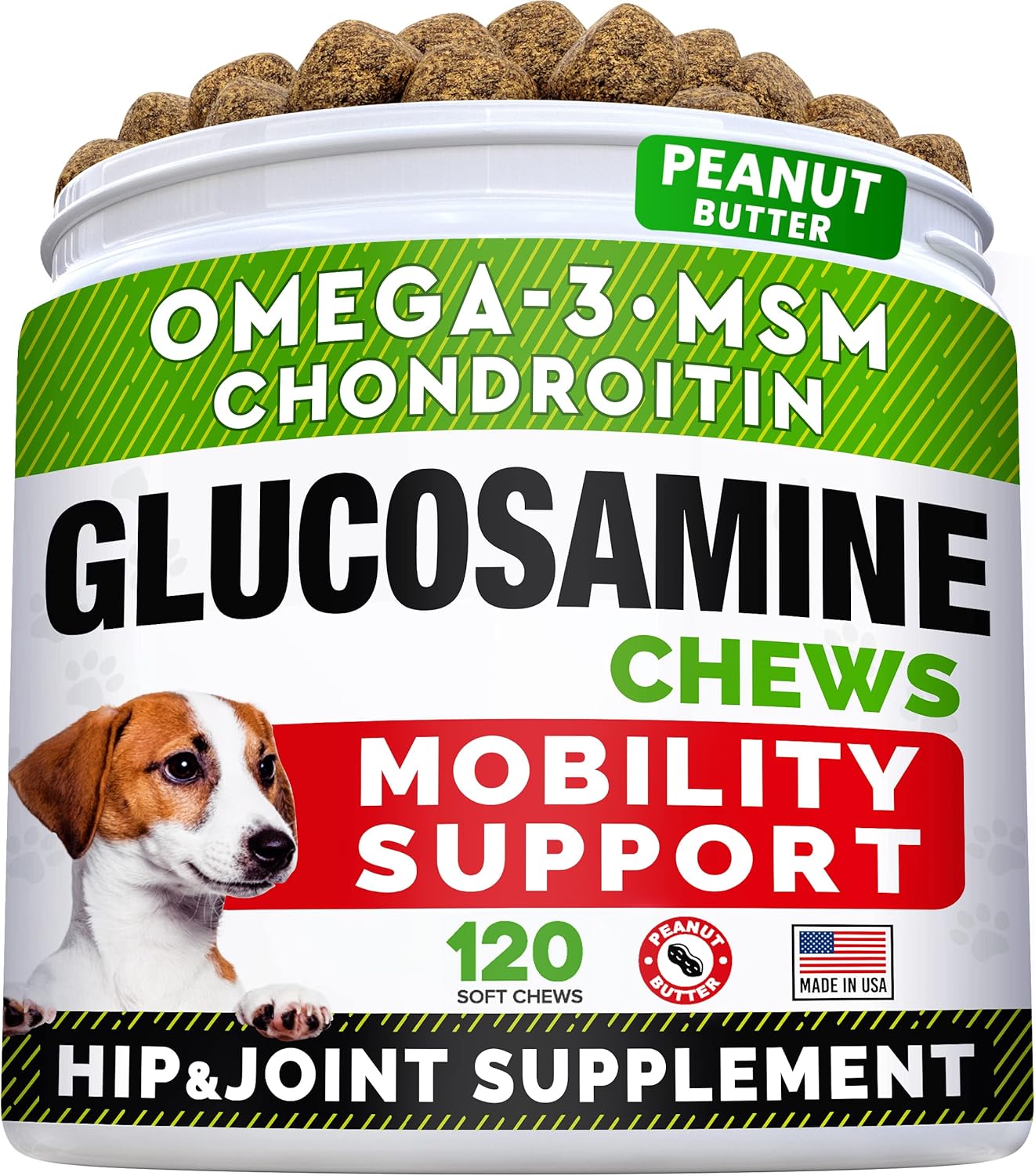 Strellalab Glucosamine Treats For Dogs - Joint Supplement W/Omega-3 Fish Oil - Chondroitin, Msm - Advanced Mobility Chews - Joint Pain Relief - Hip & Joint Care - Peanut Butter Flavor - 120 Ct