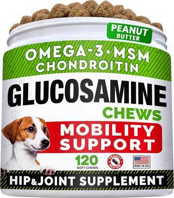 Strellalab Glucosamine Treats For Dogs - Joint Supplement W/Omega-3 Fish Oil - Chondroitin, Msm - Advanced Mobility Chews - Joint Pain Relief - Hip & Joint Care - Peanut Butter Flavor - 120 Ct
