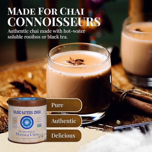 Blue Lotus Chai Tea - Traditional Masala Chai - Makes 100 Cups - 3 Ounce Masala Spiced Chai Powder With Organic Spices - Instant Indian Tea No Steeping - No Gluten