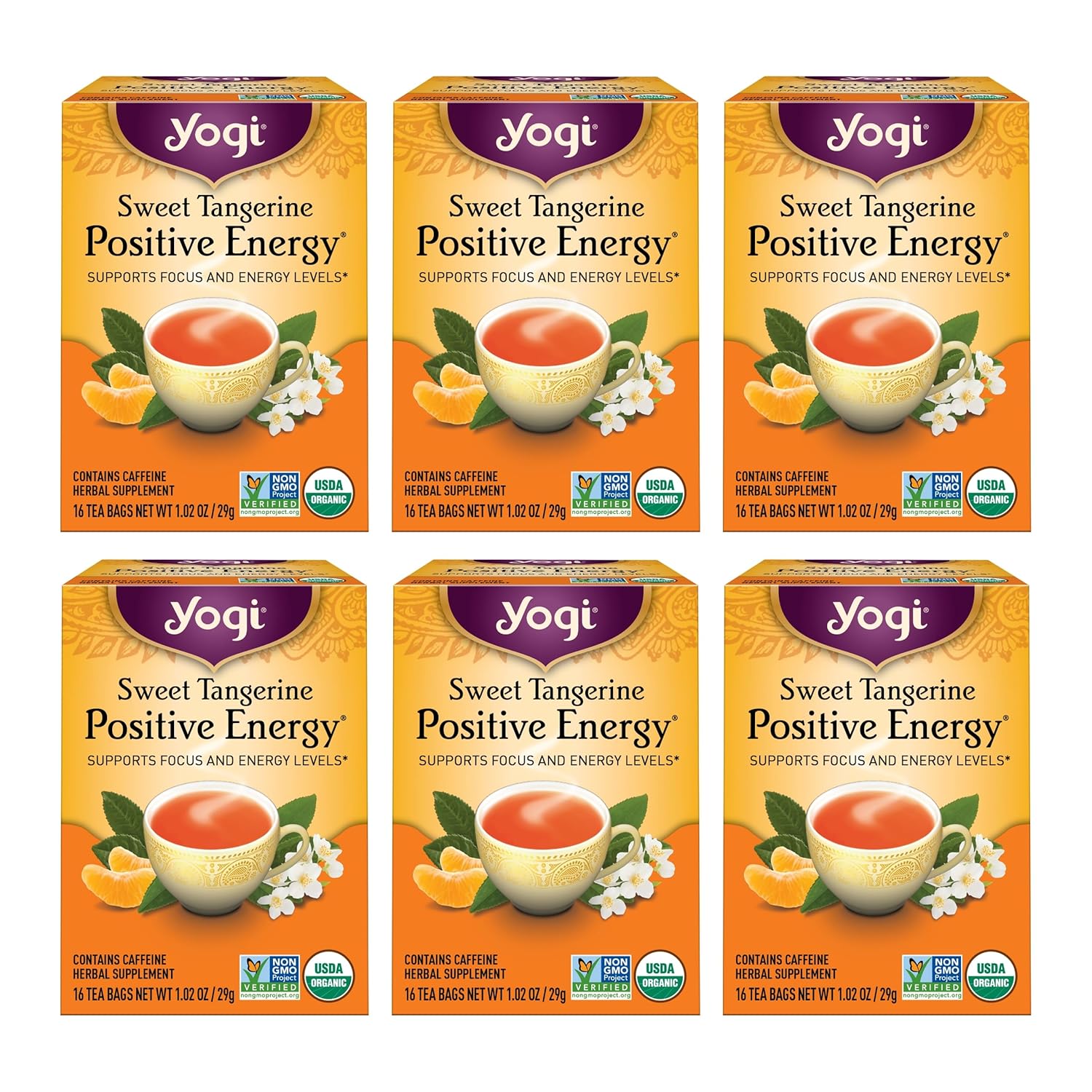 Yogi Sweet Tangerine Positive Energy Tea - 16 Tea Bags Per Pack (6 Packs) - Organic Tangerine Energy Tea - Includes Black Tea Leaf, Yerba Mate Leaf, Ashwagandha Root & More