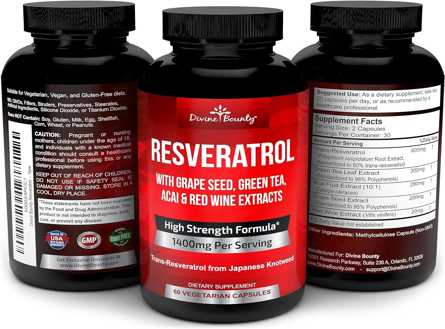 Resveratrol Supplement - 1400mg Extra Strength Formula with Grape Seed Extract, Green Tea Extract, Red Wine Extract - 60 Veggie Capsules : Health & Household