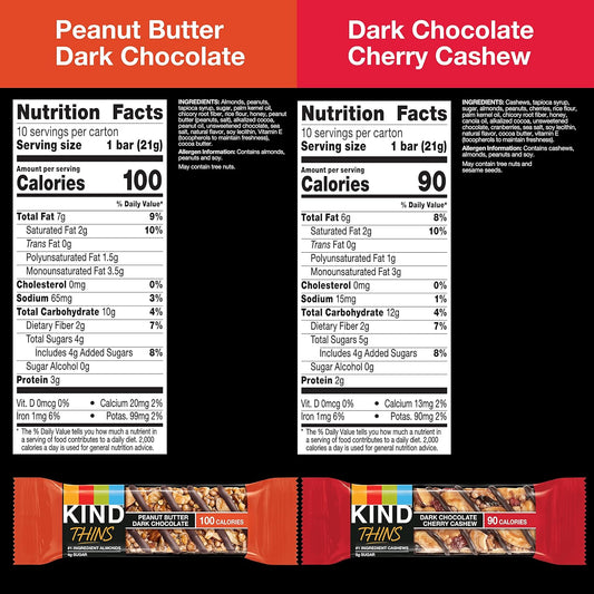 Kind Thins Variety Pack, Peanut Butter Dark Chocolate, Dark Chocolate Cherry Cashew, Healthy Snacks, Low Calorie, 20 Count