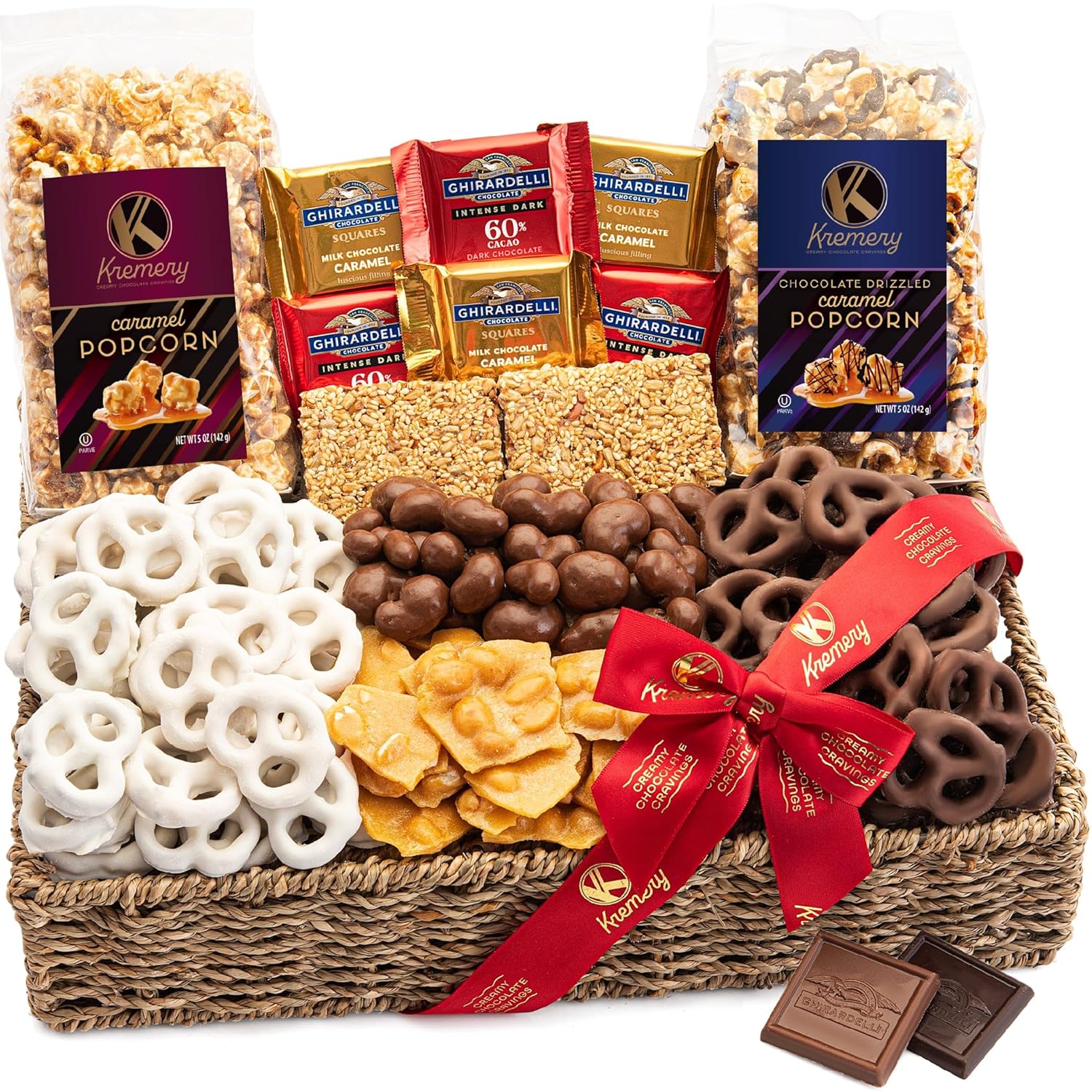 Kremery Creamy Chocolate Cravings - Chocolate Covered Pretzels & Caramel Popcorn Basket In Seagrass Tray + Ribbon Deluxe (3.5 Lbs) Appreciation Birthday Sweet Treats - Kosher Dairy