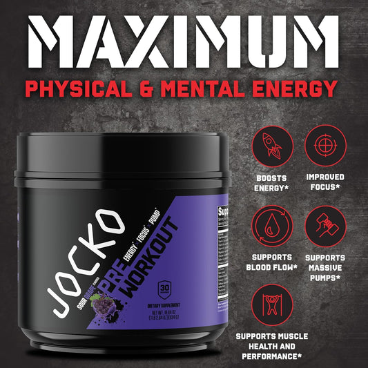 Jocko Fuel Ultimate Pre Workout Powder - Pre-Workout Energy Powder Drink For Men & Women - High Stim Sugar-Free Nootropic Blend To Support Muscle Pump, Energy, & Recovery 200Mg Caffeine Sour Grape