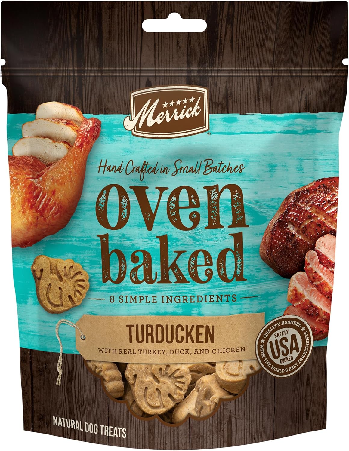 Merrick Oven Baked Natural And Crunchy Bag Of Treats, Turducken Recipe With Real Turkey, Duck, And Chicken - 11 Oz. Bag
