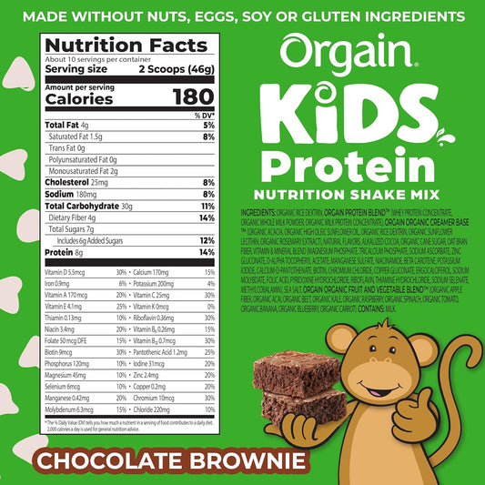 Orgain Kids Protein Powder Shake Mix, Chocolate Brownie - 8G Grass-Fed Dairy Protein, 4G Fiber, 23 Vitamins & Minerals, Gluten Free, No Soy Ingredients, Adds Healthy Nutrients To Kids Snacks, 1Lb