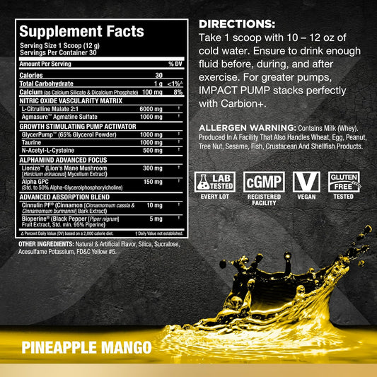 Allmax Impact Pump, Pineapple Mango - 360 G - Stim-Free Pre-Workout Formula - Boosts Pumps & Mind-Muscle Connection - With Citrulline Malate & Lion’S Mane - Up To 30 Servings