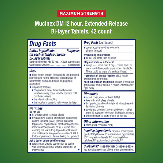 Cough Suppressant and Expectorant, Mucinex DM Maximum Strength 12 Hr Relief Tablets, 42ct, 1200 mg, Thins & loosens Mucus That Causes Chest Congestion